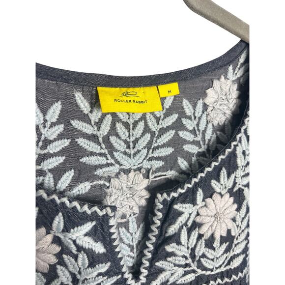 Roller Rabbit Abigail Dress Size Medium Boho Embroidered Blue White Cotton Denim - Picture 4 of 9